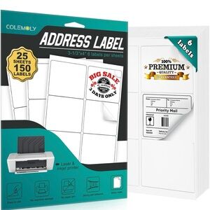 3.33x4 in Labels - 25 Sheets 6 Label Stickers Paper for Inkjet/Laser Printer 150